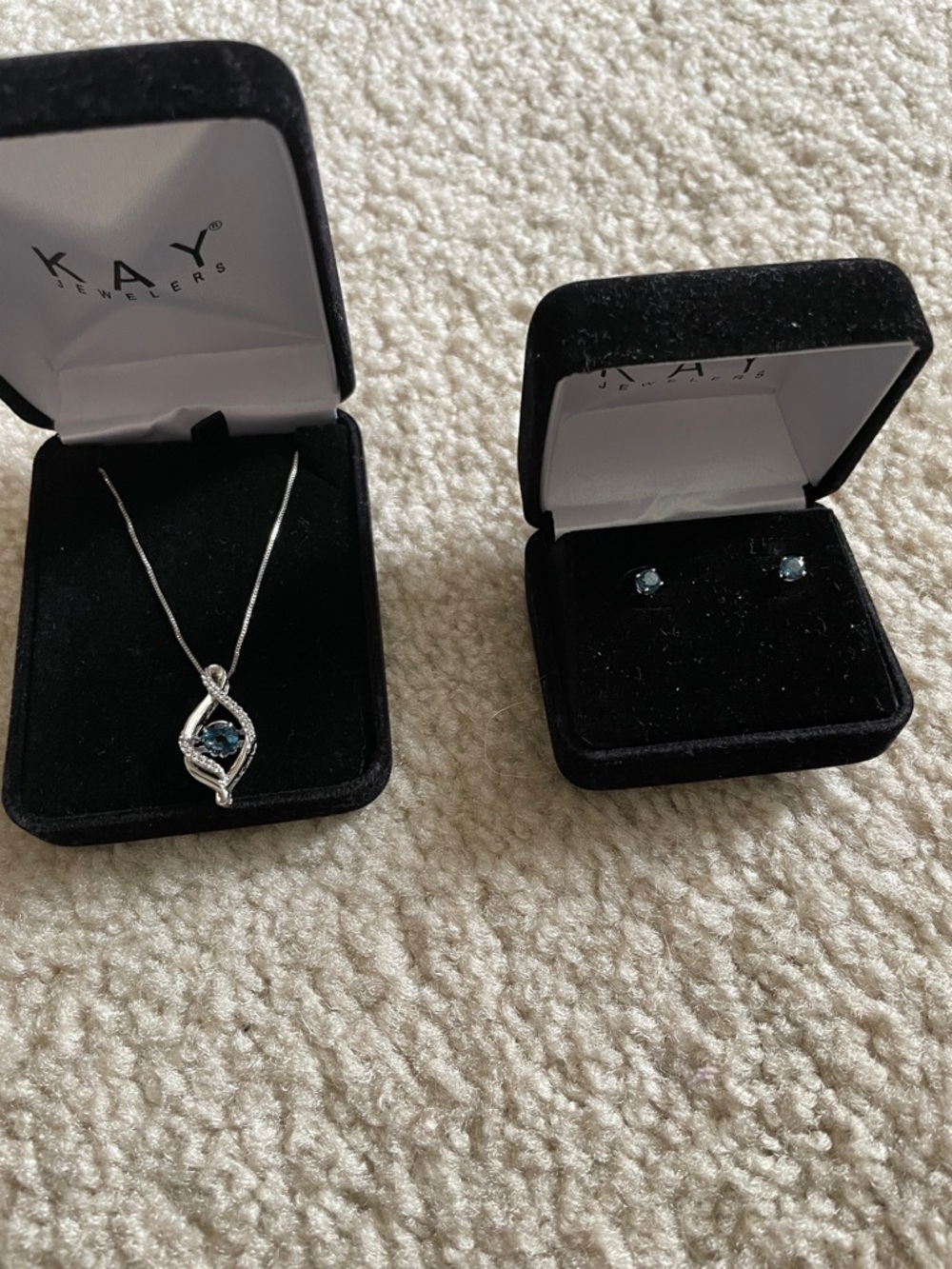 Kay Jewelers Silver Blue Topaz Pendant Necklace with Matching Studs
